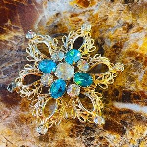 Vtg Mid Century 50’s Scitarelli Filagree Star Flower w/ Turquoise Rhinestones